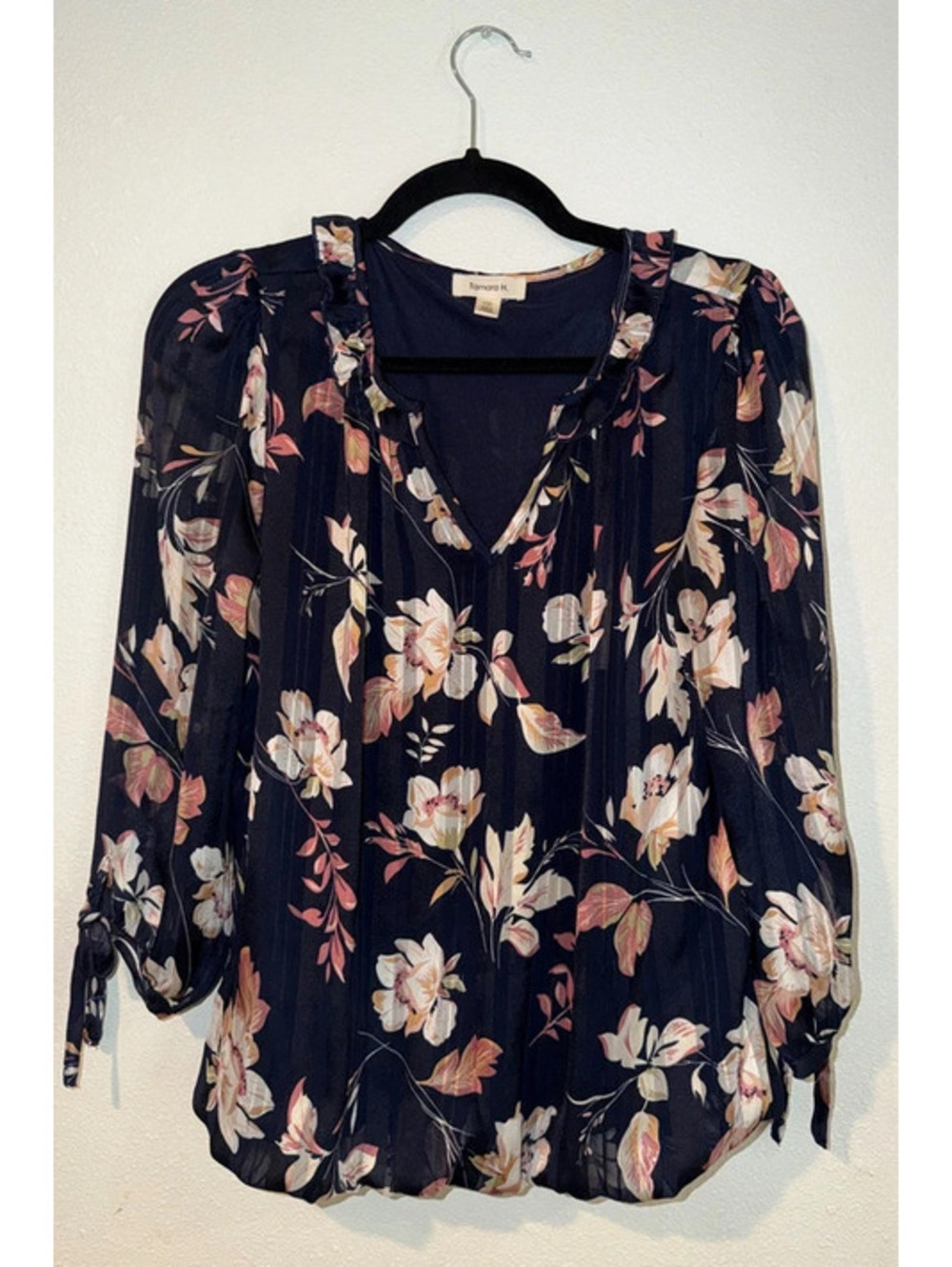 Tamara H. Navy Floral Sheer 3/4 Sleeve Blouse Women’s Small